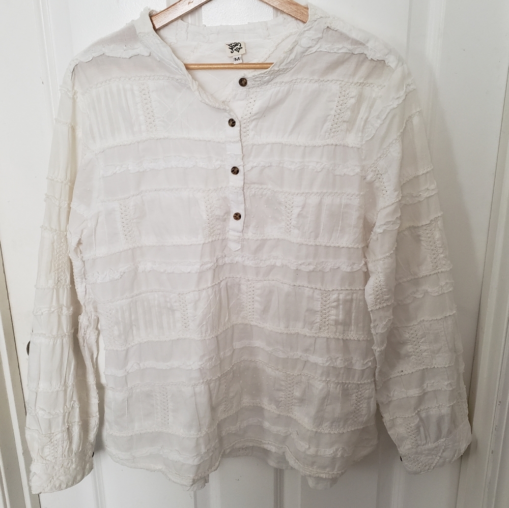 Ivy Jane Womens White Textured Long Sleeve Boho Top Med Button Eyelet Embroidery